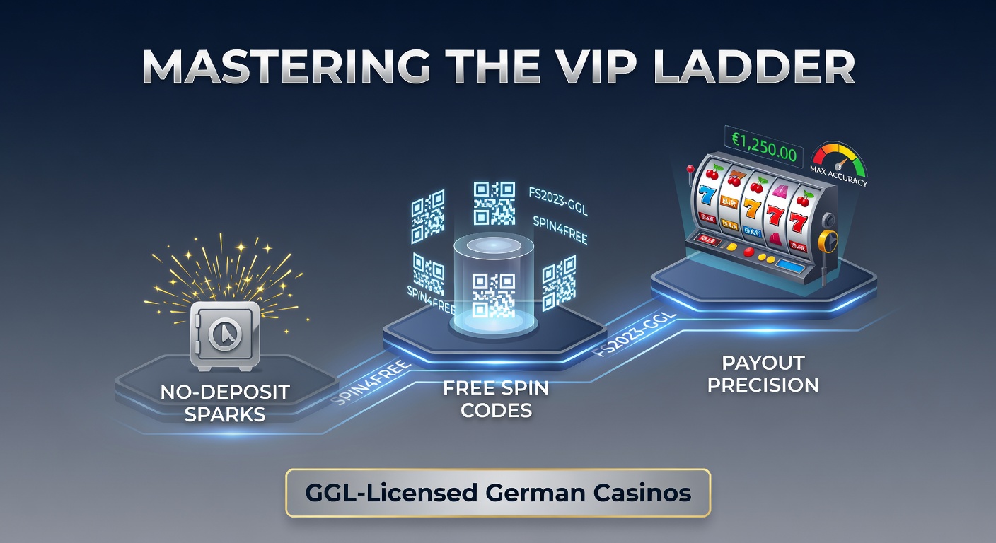 Grafik einer aufsteigenden VIP-Leiter mit No-Deposit-Symbolen und Free-Spin-Icons in einem modernen Casino-Design