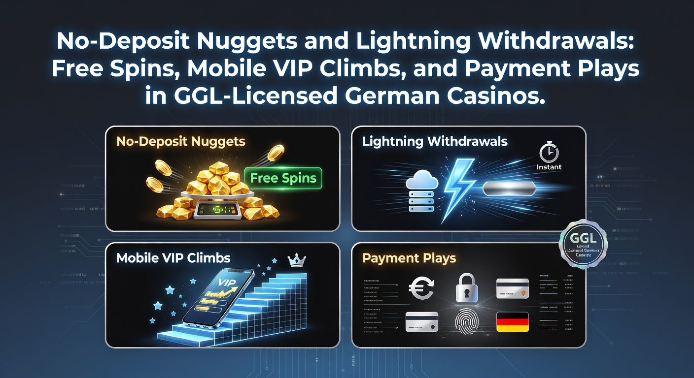 Grafik mit No-Deposit-Boni und schnellen Auszahlungen in einem modernen Casino-Interface, das Free Spins und VIP-Stufen hervorhebt